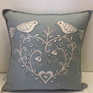 Jan Constantine Hand Embroidered Heart Floral and Bird Felted Wool Pillow